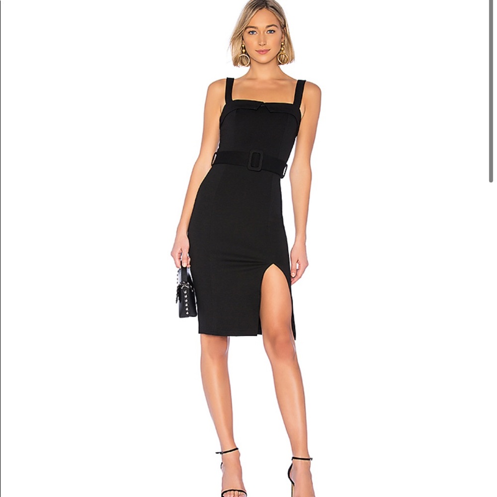 About us belted black midi dress